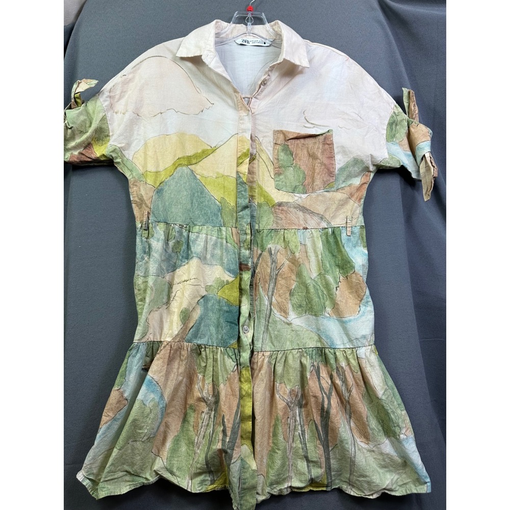 Zara Women Watercolor Landscape Print‎ Tiered Mini Shirt Dress Green Tan Size M